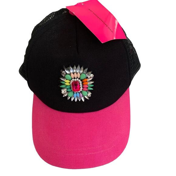 Betsey Johnson Pink Black Bejeweled Snapback Hat NWT